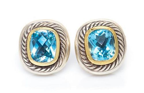 * A Pair of Silver, 14 Karat Yellow Gold and Blue Topaz Albion Earclips, David Yurman, 13.30 dwts.