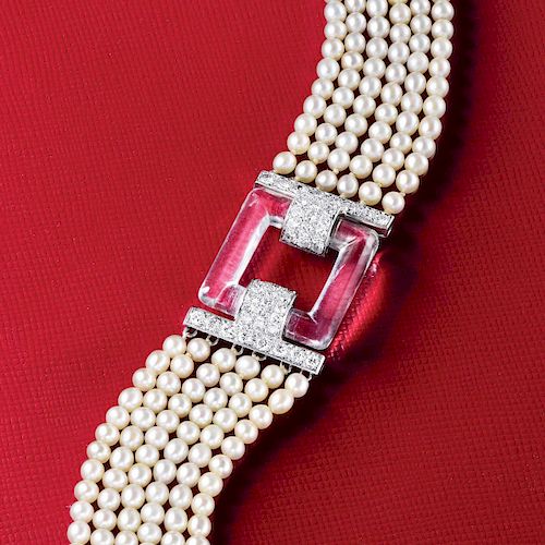 Cartier Art Deco Natural Pearl Diamond and Rock Crystal Platinum Bracelet
