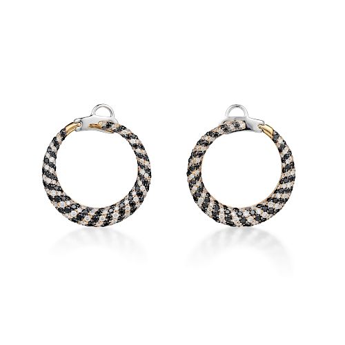 18K Gold White and Black Diamond Hoop Earrings