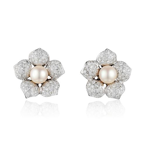 A Pair of 18K Gold Pearl and Diamond Earclips