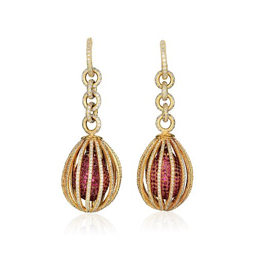 18K Gold Diamond and Ruby Cage Drop Earrings