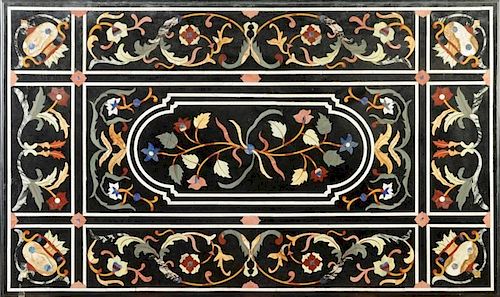 A RENAISSANCE STYLE PETRA DURA INLAID BLACK MARBLE TABLE TOP,LATE 20TH CENTURY,