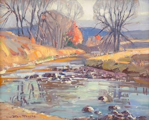 LESTER STEVENS (American 1888-1969) A PAINTING, "Autumn Landscape with Rocky Stream,"