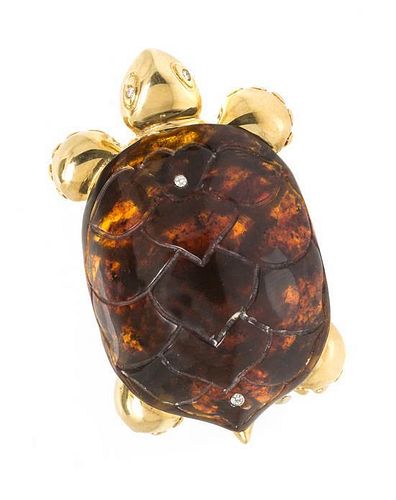 * An 18 Karat Yellow Gold, Amber and Diamond Turtle Brooch, 19.60 dwts.