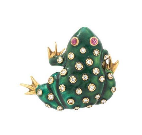 * A Yellow Gold, Diamond, Ruby and Enamel Frog Brooch, 11.20 dwts.