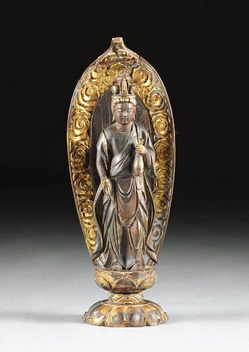 A SOUTH EAST ASIAN PARCEL GILT CARVED WOOD FIGURE OF GUANYIN, EARLY 20TH CENTURY,