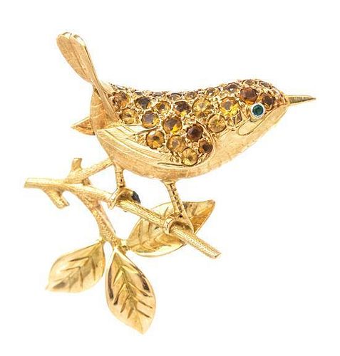 * A Yellow Gold, Citrine, and Emerald Bird Brooch, 7.40 dwts.