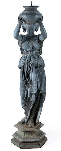 A LIFE-SIZED 19TH C ZINC CLASSICAL MAIDEN WITH URN