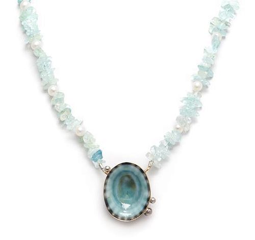 * A Collection of Sterling Silver, Sea Shell, Cultured Pearl, Garnet and Aquamarine Necklace, 98.30 dwts.
