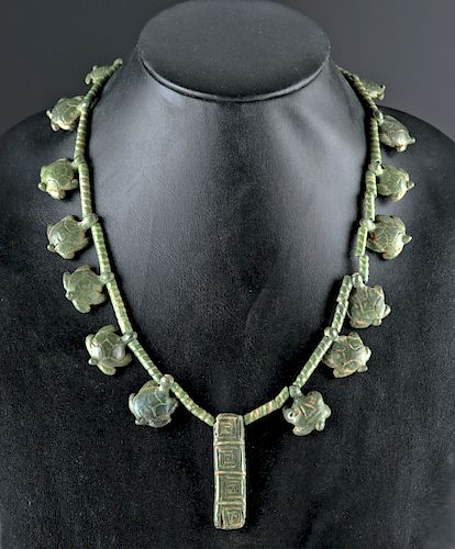 Mayan Jade Bead Necklace - Turtles, Rope, & Glyphs