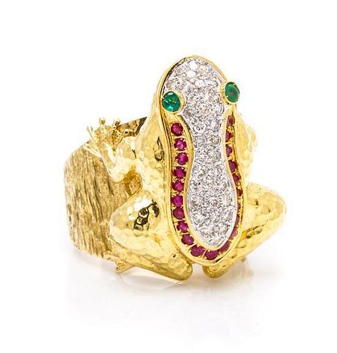 * An 18 Karat Yellow Gold, Diamond, Ruby and Emerald Frog Ring, 17.80 dwts.
