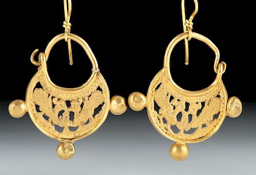Pair Byzantine 16K Gold Earrings w/ Peacocks, 15.1 g