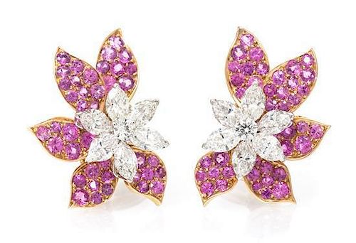 A Pair of 18 Karat Gold, Diamond and Pink Sapphire Earclips, Asprey, 11.70 dwts.