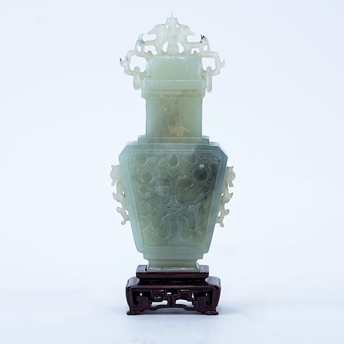 Chinese Carved Serpentine Jade Covered Vase on Wooden Base. A few small nicks to surface.
