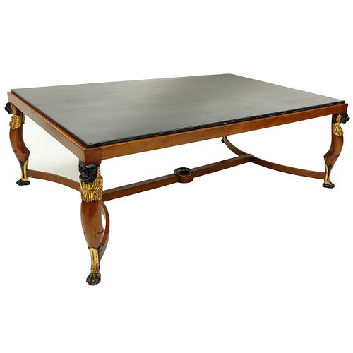 Mid Century Empire Style, Parcel Gilt, Egyptian Revival Carved Wood Marble Top Coffee Table. Typical scuffs to gilt and paint, light scratches, possib