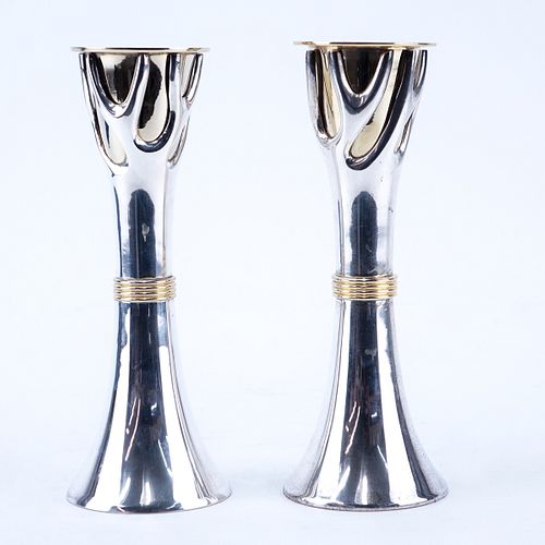 Pair Of Modern Mixed Metal Candlesticks. Signed Made In India.