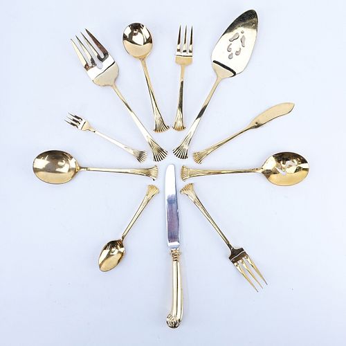 Ninety Eight (98) Pieces Oxford House Gold Plated Stainless Flatware. Set includes: 12 forks 7-1/4", 17 knives 9-1/2", 16 salad forks, 7 soup spoons, 