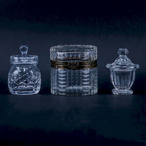 Collection of Three (3) Lidded Crystal Containers. Includes: unsigned round vanity box 4-1/2" H, Baccarat mustard or jam pot, Cartier lidded jar.