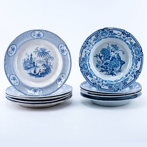 Collection of Ten (10) Antique Blue & White Pottery Dishes. Includes 5 Early Staffordshire Ironstone bowls, all with chips and or cracks 9-5/8" Dia.