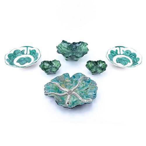 Six (6) Pieces Modern Majolica Style Pottery Bowls. Includes various leaf motifs.