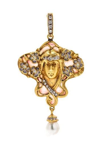 A 14 Karat Yellow Gold, Plique-a-Jour Enamel, Diamond and Cultured Pearl Pendant, 4.00 dwts.