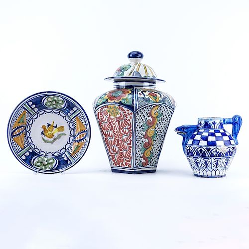 Grouping of Three (3): Large Mexican Faience Pottery Covered Jar, Faience Pottery Cabinet Plate, and Faience Pottery Pitcher. Covered jar is signed ot