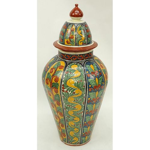 Large Italian Majolica Pottery Covered Urn. Unsigned.