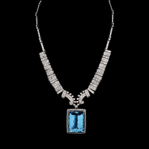 Art Deco Approx. 35.0 Carat Rectangular Shape Gem Quality Aquamarine, 10.0 Carat Round Diamond and Platinum Pendant Necklace.