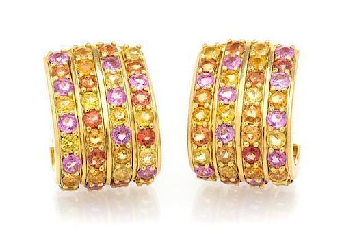 A Pair of 18 Karat Yellow Gold and Multi Color Sapphire Earclips, Andrew Clunn, 34.80 dwts.
