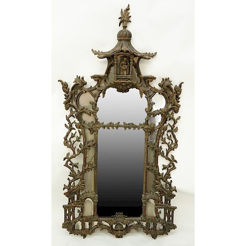 Impressive Large 19/20th Century Carved Wood Chinoiserie Pagoda Mirror. With a seated figure in the pagoda, squirrels, architectural and ornate foliat