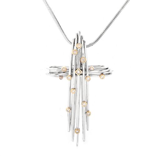 Vintage 14 Karat White Gold Cross Pendant with Diamond Accents with 18 Karat White Gold Chain. Each stamped as described.