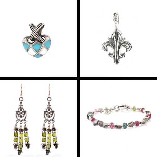 Collection of Vintage Sterling Silver Jewelry Including: Fleur de Lis Pendant; Enamel Heart Pendant; Star and Multi Stone Bracelet and Dangle Earrings
