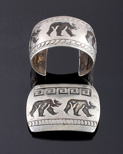 Signed Navajo Sterling Silver Belt Buckle & Cuff