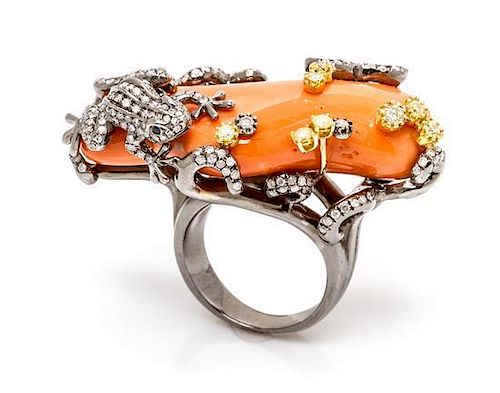 An 18 Karat Gold, Coral, Diamond and Colored Diamond Ring, 23.25 dwts.