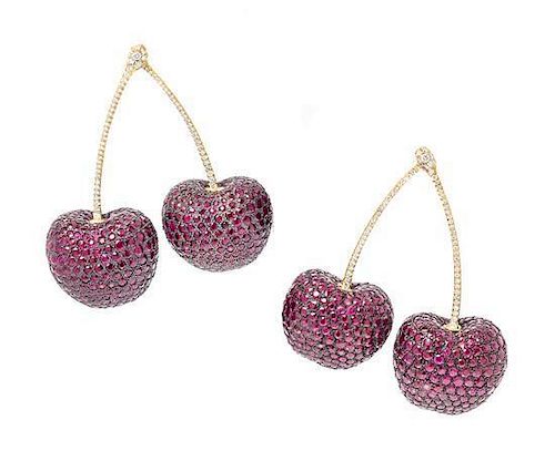 A Pair of 18 Karat, Ruby and Diamond Cherry Earrings, 33.20 dwts.