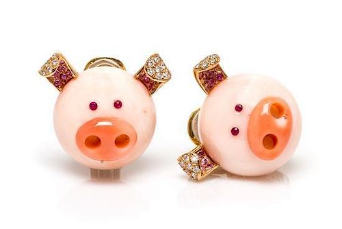 A Pair of 18 Karat Yellow Gold, Coral, Pink Sapphire, Diamond and Ruby Piglet Earrings, Michela Rosa, 19.80 dwts.