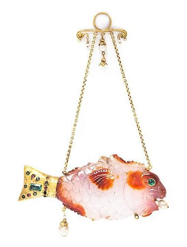 A Renaissance Revival Yellow Gold, Agate, Seed Pearl, Ruby, Emerald and Diamond Fish Pendant,