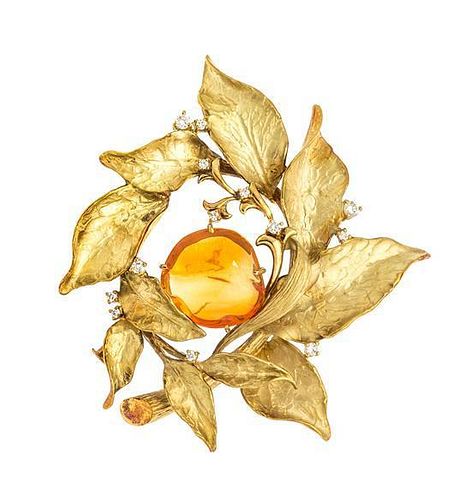 An 18 Karat Yellow Gold, Fire Opal and Diamond Wreath Pendant/Brooch, 17.20 dwts.
