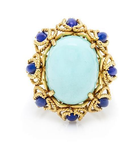 An 18 Karat Yellow Gold, Turquoise and Lapis Lazuli Ring, 9.10 dwts.