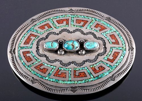 Navajo Sterling Silver Coral Turquoise Belt Buckle