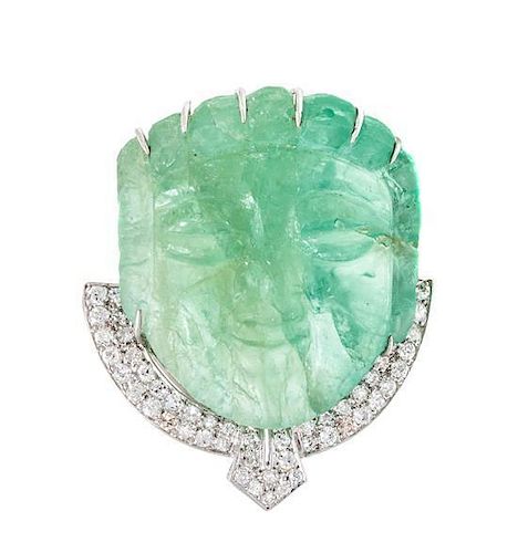 A Platinum, Green Beryl and Diamond Pendant/Brooch, 16.60 dwts.
