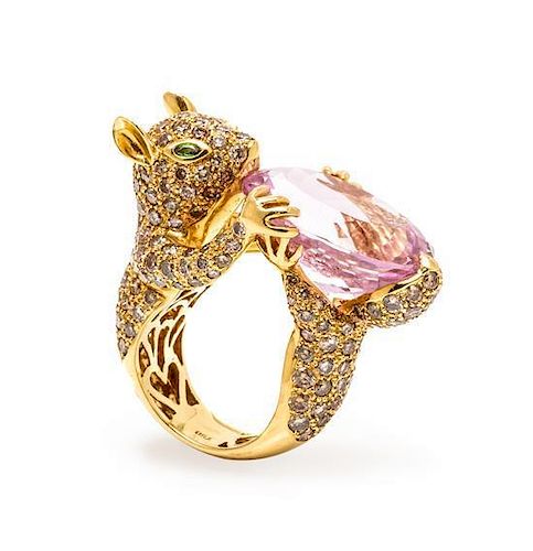 An 18 Karat Yellow Gold, Kunzite, Colored Diamond and Emerald Squirrel Ring, 13.70 dwts.