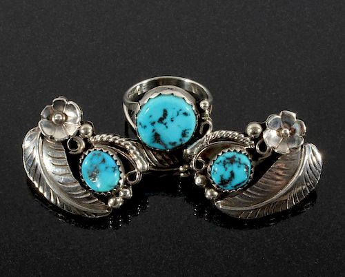 Navajo Silver & Turquoise Floral Earrings & Ring