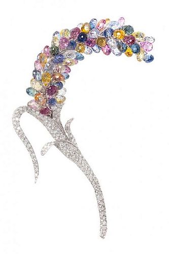 An 18 Karat White Gold, Multi Color Sapphire and Diamond Brooch, 26.30 dwts.