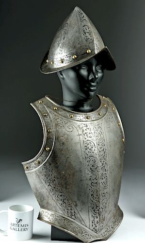 19th C. Italian Victorian Steel Cuirass & Cabasset Helm