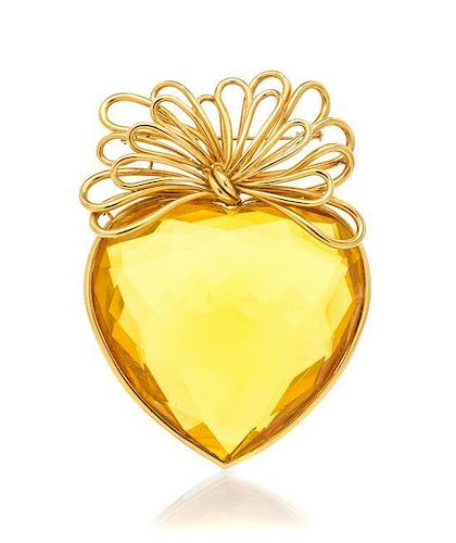 An 18 Karat Yellow Gold and Amber Heart Brooch, Asprey & Co., 62.40 dwts.