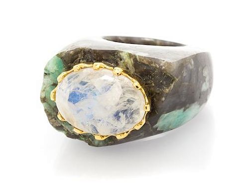 An 18 Karat Yellow Gold, Labradorite and Carved Hardstone Ring, Tony Duquette,