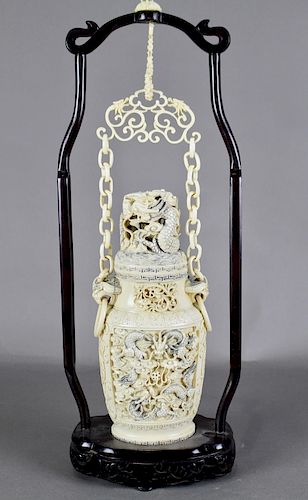 Chinese Carved Covered Urn with Stand