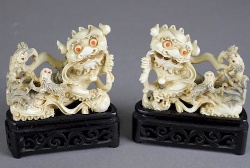 Pair Chinese Carved Foo Lions