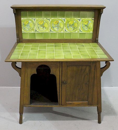 English Arts & Crafts Tile Top and Back Washstand